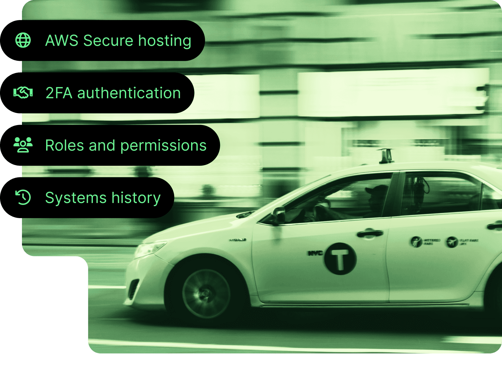 A taxi driving with security features listed