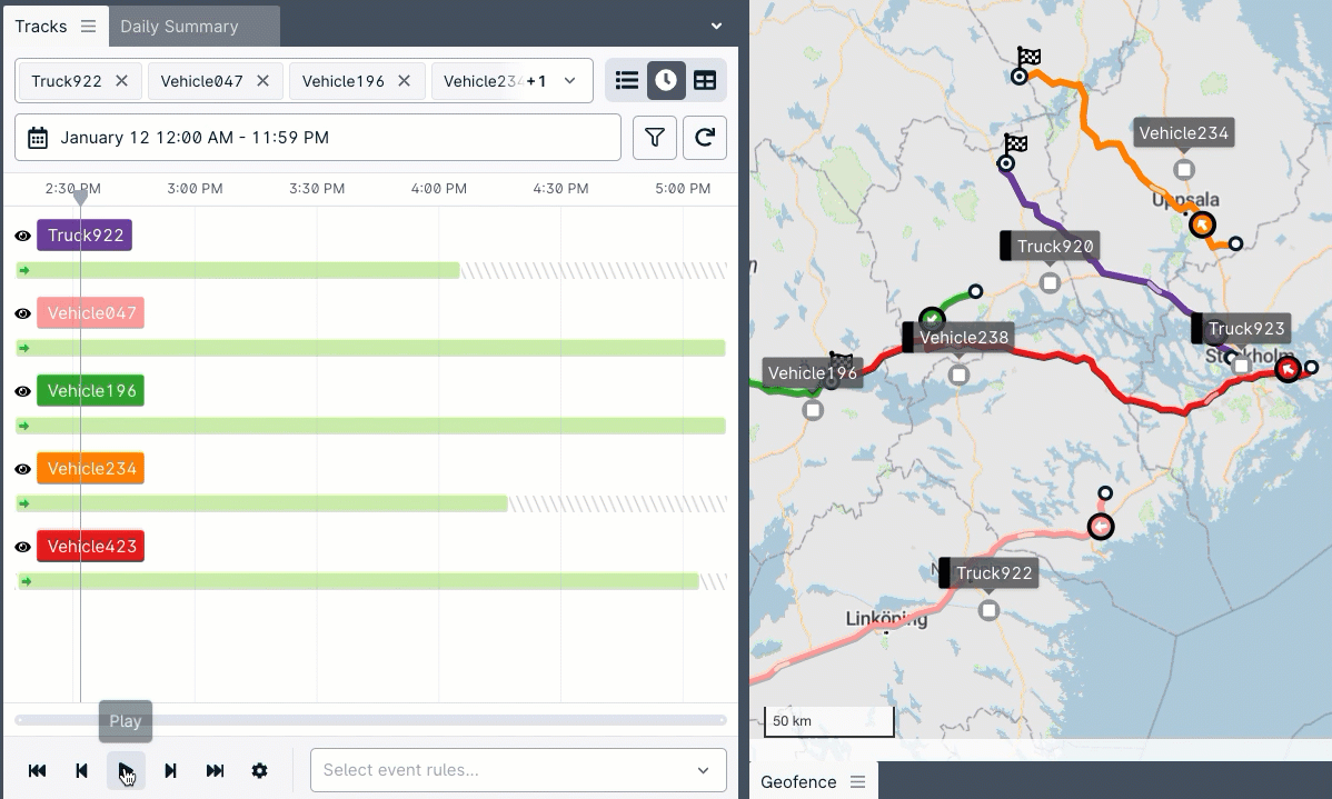 A set of vehicle tracks replaying in GpsGate