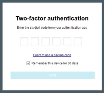 Two-factor authentication sign-in screen