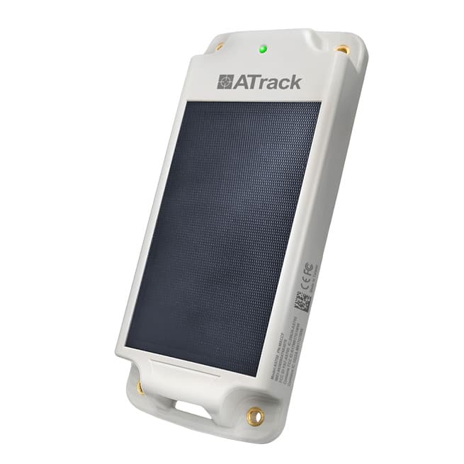 Solar-powered asset tracker. Thick, white casing with large solar panel.