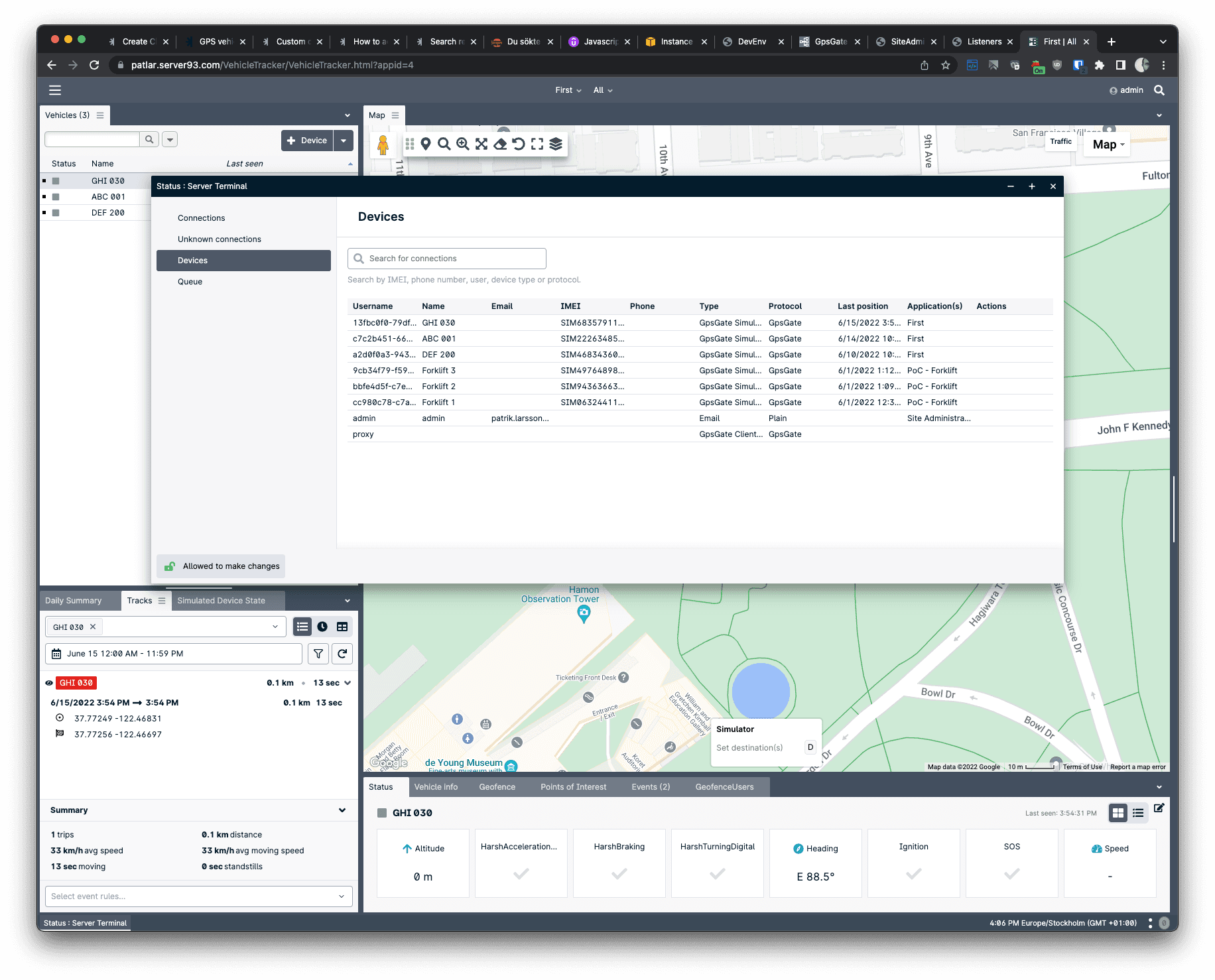 GpsGate server terminal devices listed