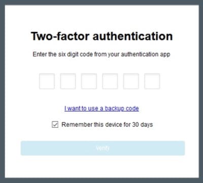 Two-factor authentication sign-in screen