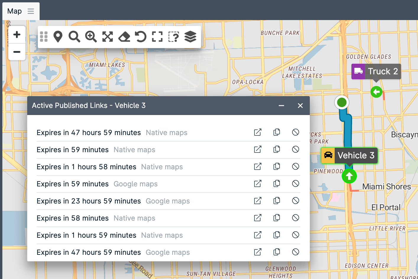 Share location active links displayed in GpsGate