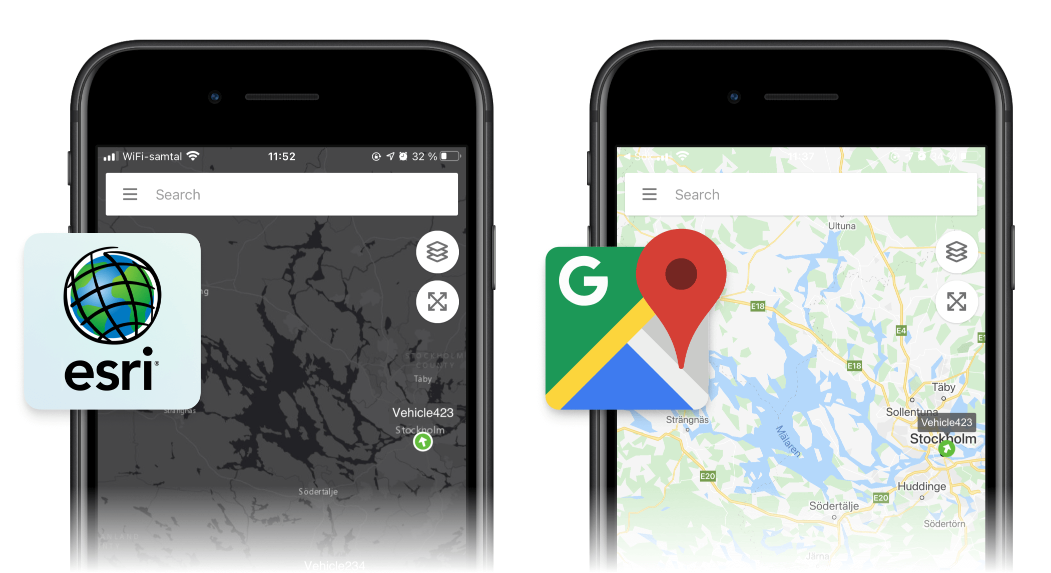 Two iPhone SE phones showing the GpsGate Fleet application using an ESRI map and Google Map respectively.
