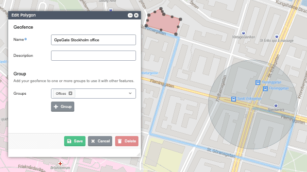 Image of a polygon geofence, route geofence, and circle geofence