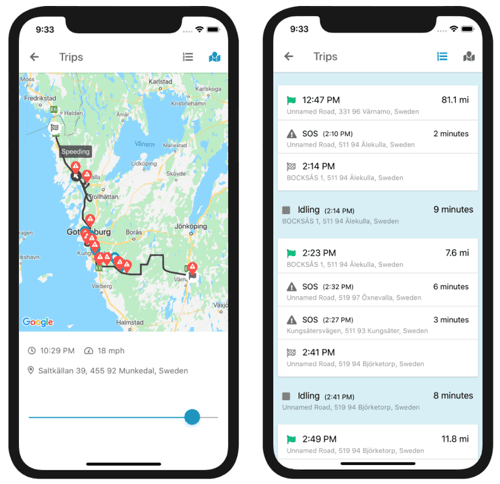 A detailed view of a vehicle's trip on GpsGate's Fleet smartphone app